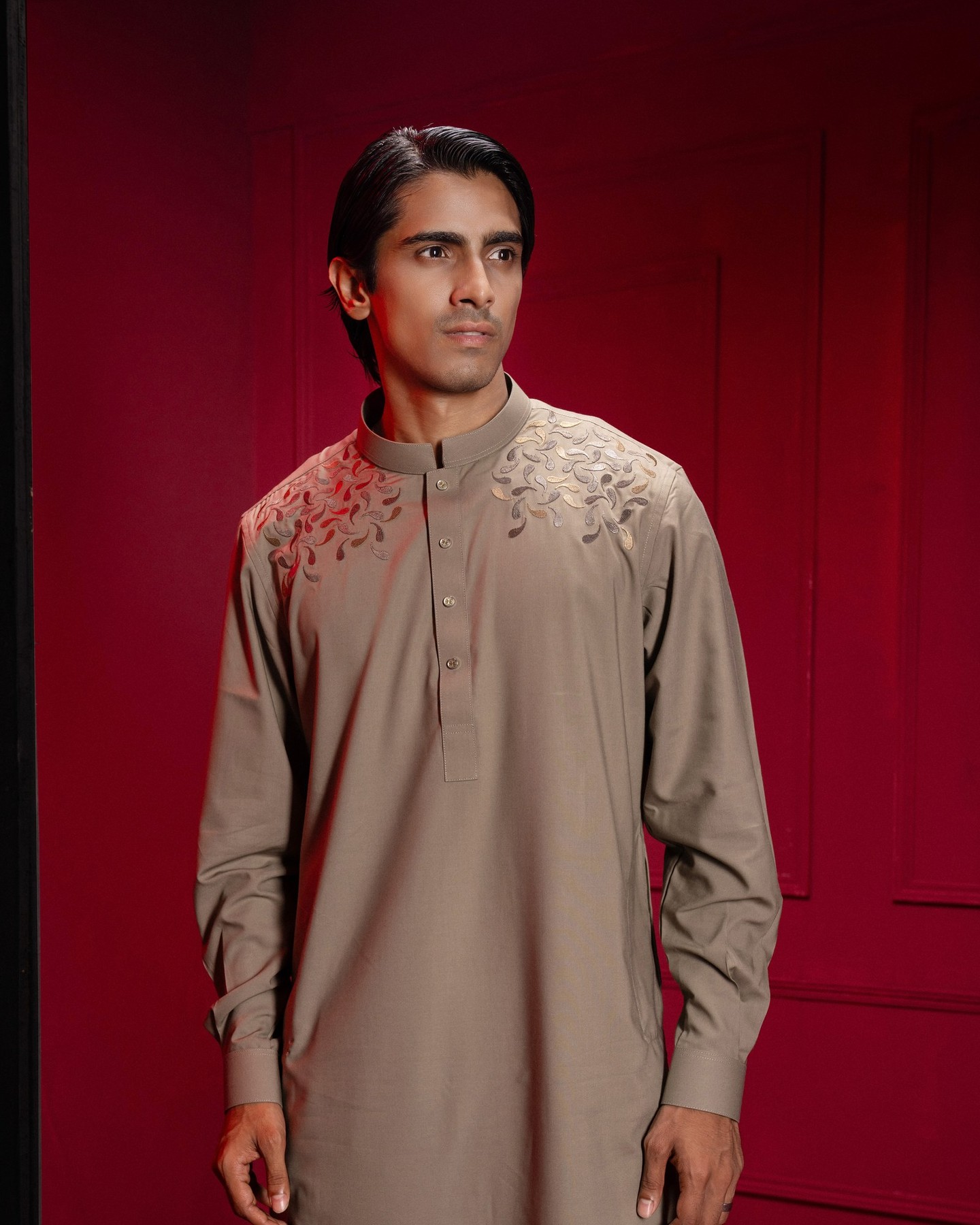 Tonal shoulder embroidery on a sand Platinum panjabi