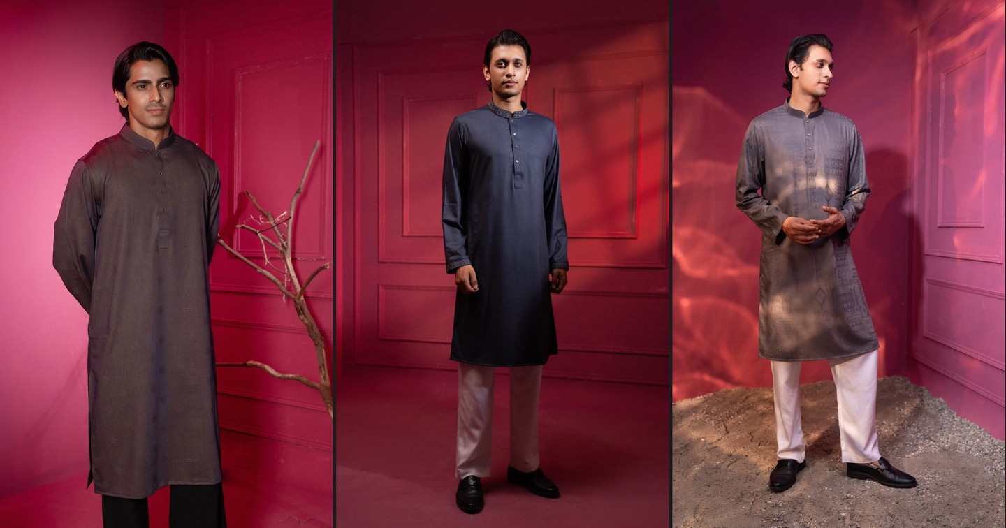 Three Luxury panjabis — charcoal, navy and grey jacquard
