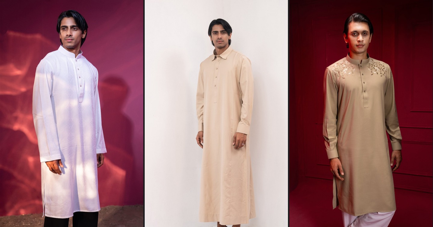 New arrivals — white jacquard panjabi, sand thobe and embroidered panjabi