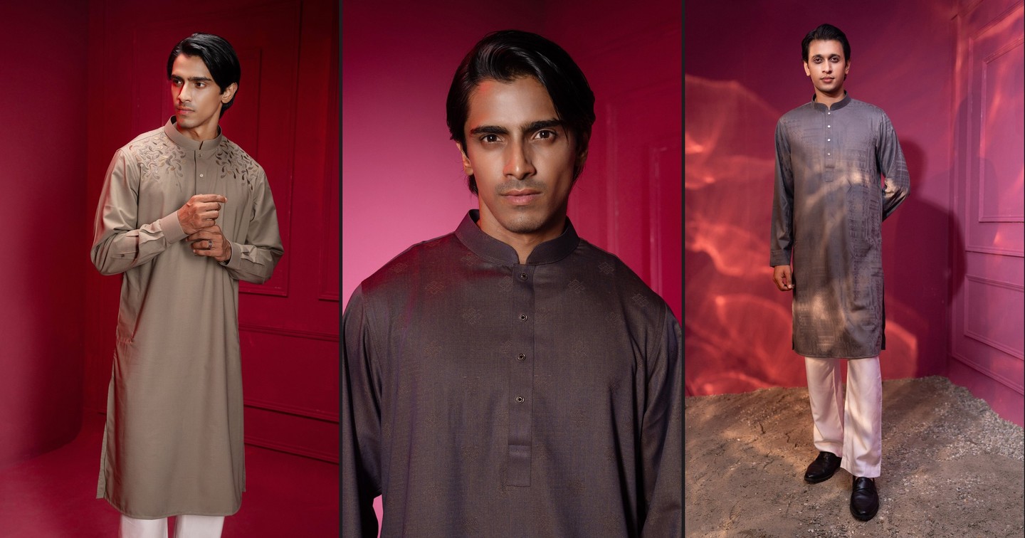 Three VIOR panjabis in the red room — embroidered, charcoal and grey jacquard