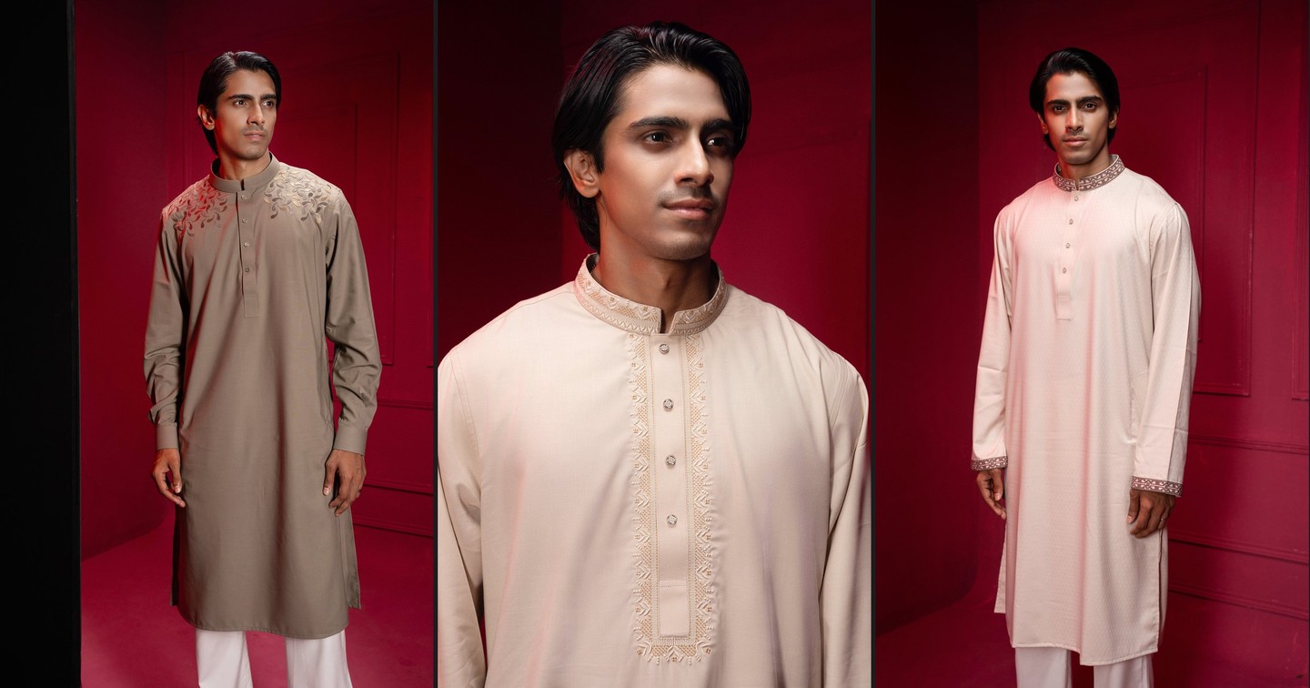 Three embroidered Platinum panjabis — sand, ivory and cream
