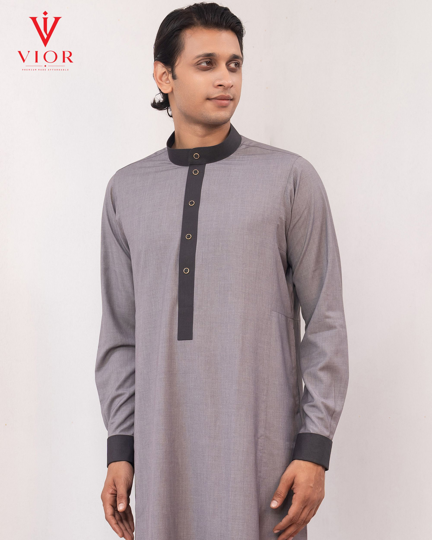 Grey Contrast-Trim Thobe